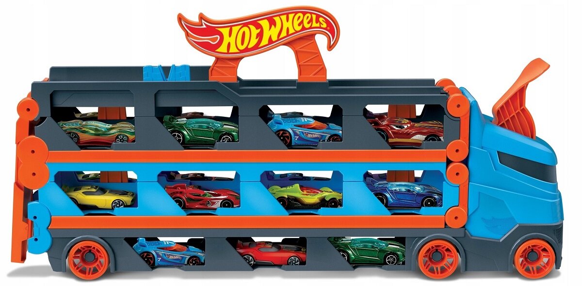 Samochód HOT WHEELS Transporter Wyścigowy 2w1 GVG37 wyścigi ciężarówka z naczepą transporter przyspieszacz metalowe samochody pojazdy kabina transformacja miejsce 25 pojazdów rajd przechowywane wystawianie hotweels prezent na urodziny mały metalowy samochodzik chłopcy dziewczynki kreatywność do łączenia łączy się rywalizacja zestaw do zabawy zabawka dla chłopca chłopięce zabawki metalowy mattel GVG37 wyścigowy transporter