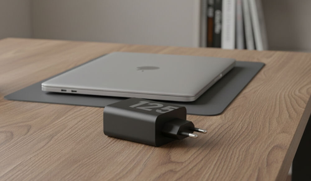 Ładowarka sieciowa MOTOROLA TurboPower Dual 125W Czarny
                ładowarka sieciowa na biurku obok laptop