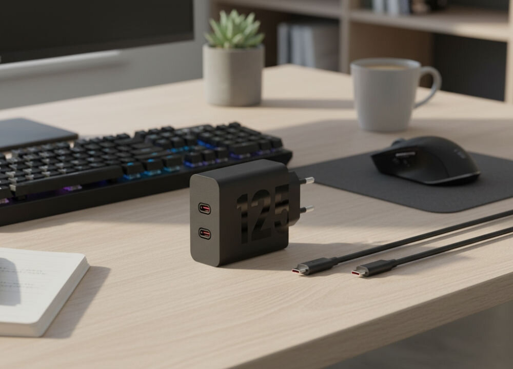 Ładowarka sieciowa MOTOROLA TurboPower Dual 125W Czarny
                ładowarka sieciowa na biurku obok myszka kabel klawiatura kubek roślinka w doniczce zasilanie smartfonów tabletów power delivery 125W ułatwia codzienną pracę