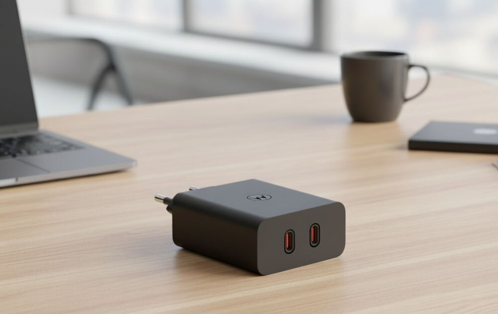 Ładowarka sieciowa MOTOROLA TurboPower Dual 125W Czarny
                ładowarka sieciowa na biurku obok laptop i kubek podwójne wyjście usb-c dwa urządzenia jednocześnie inteligentny rozdział mocy do domu do biura