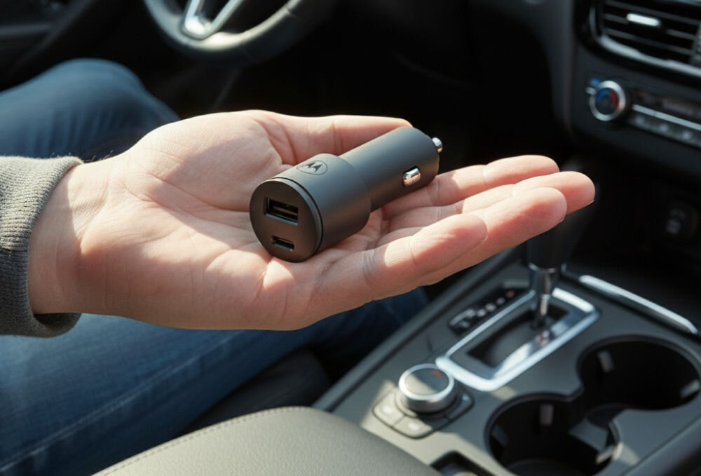 Ładowarka samochodowa MOTOROLA TurboPower 45W Czarny
                ładowarka samochodowa w dłoni power delivery 2.0 pd quick charge 3.0 qc zasila smartfony tablety