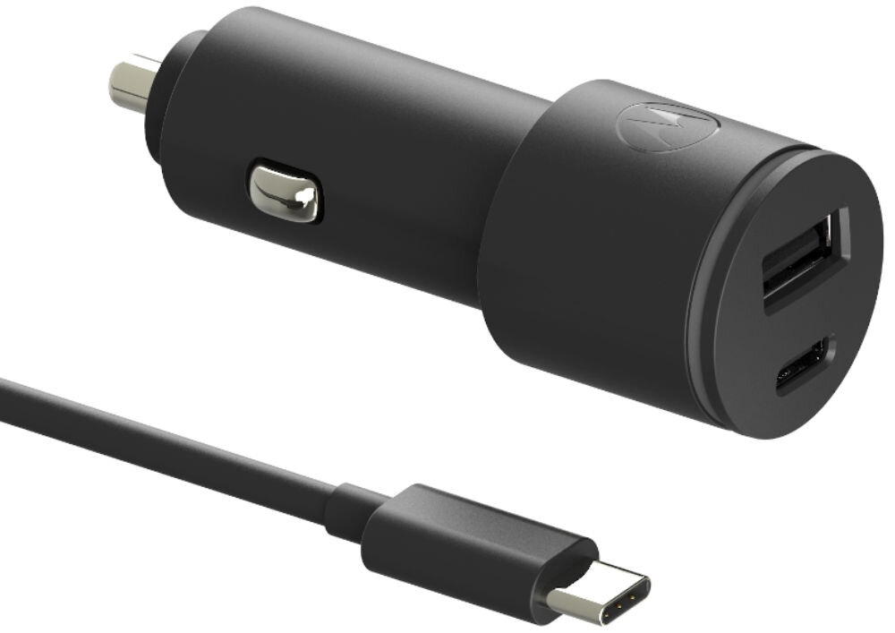 Ładowarka samochodowa MOTOROLA TurboPower 45W Czarny
                ładowarka samochodowa i końcówka kabla na białym tle chroni podłączone urządzenia przeciążenia nagrzewanie dopasowuje parametry zasilania sprawdzona technologia trwałe akcesorium do auta