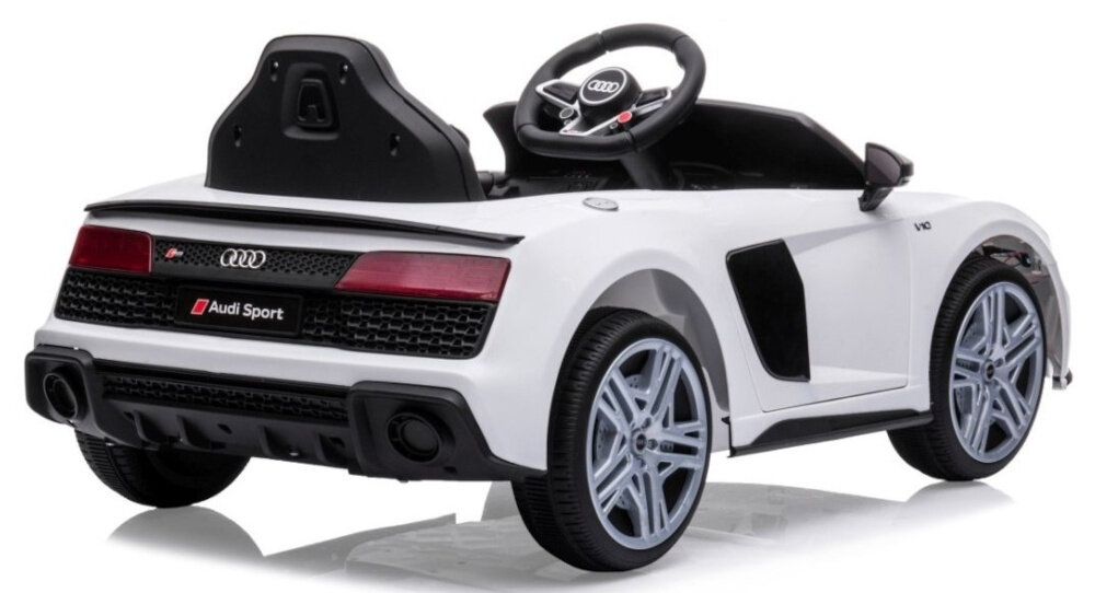 Samochód dla dziecka MILLY MALLY Audi R8 Spyder Biały replika kultowego samochodu Audi wysoka jakosc tworzywa sztucznego stop metalu hamulec automatyczny zatrzymanie przez sciagniecie nogi z przycisku uruchamiajacego silniki bezpieczne intuicyjne zatrzymywanie sie