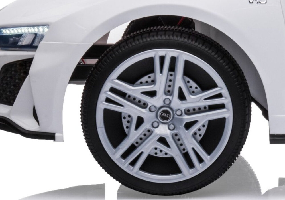Samochód dla dziecka MILLY MALLY Audi R8 Spyder Biały metalowe osie kol kola srednica 21 cm trwalosc stbilnosc solidne wykonanie kol pianka EVA dluga zywotnosc duza odpornosc na uszkodzenia