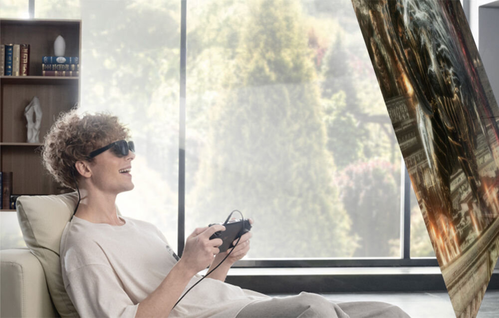 Okulary VITURE Pro XR Czarny prezentacja okularów trzymanych w dłoniach przez kobietę