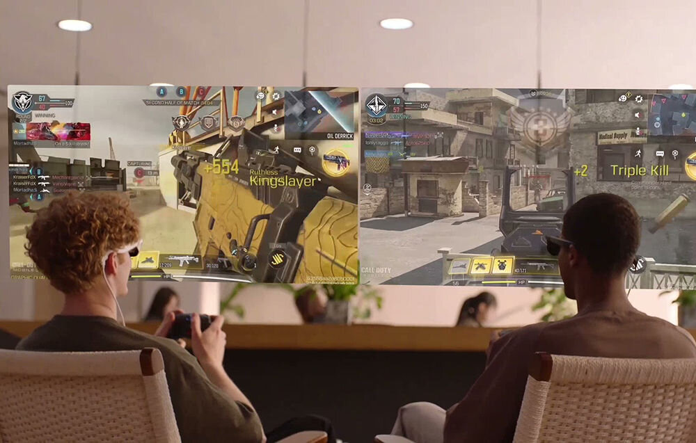 Okulary VITURE Pro XR Czarny dwóch mężczyzn siedzących i grających w grę z założonymi okularami przed nimi wirtualny ekran przekątna odświeżanie realistyczne wrażenia wizualne UltraClarity™ eliminacja rozmyć elektrochromowa folia prywatność certyfikat A+ SGS regulacja do -5 Dioptrii komfort wada wzroku