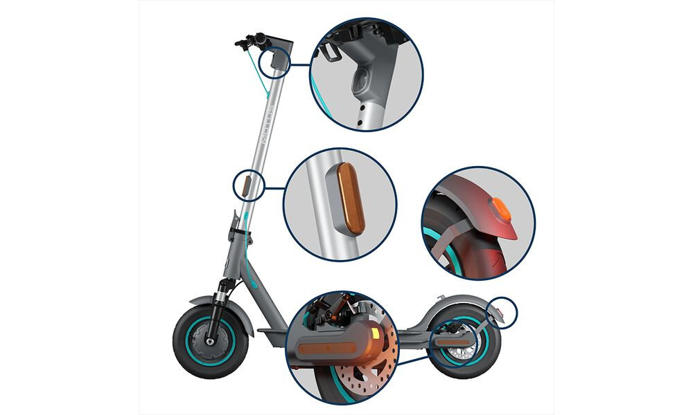 Hulajnoga elektryczna MOTUS Scooty 10 Lite Gen 6 30km 350W Amortyzacja 10 cali Szary hulajnoga widoczna z boku wokół zdjęcia w kółkach pokazujące poszczególne światła przednie i tylne światła z czujnikiem zmierzchu włączają się samodzielnie bezpieczeństwo kierunkowskazy bezpieczna jazda świetlna strzałka na nawierzchni