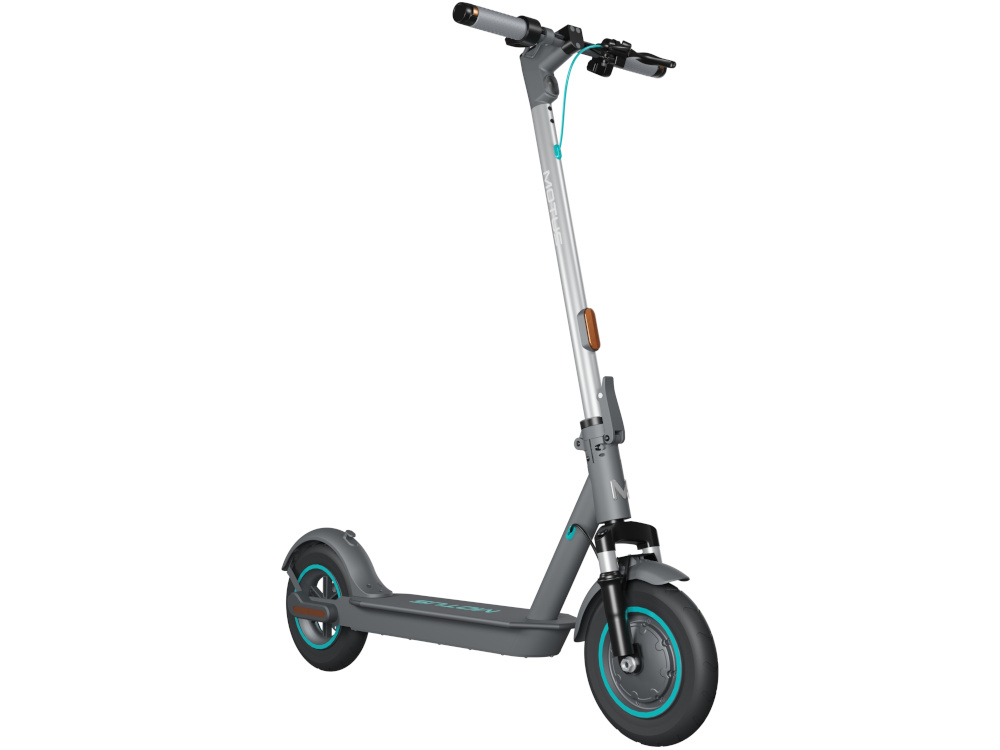 Hulajnoga elektryczna MOTUS Scooty 10 Lite Gen 6 30km 350W Amortyzacja 10 cali Szary hulajnoga widoczna od przodu pod skosem zdjęcie na białym tle certyfikat IPX4 bezpieczne podróżowanie w różnych warunkach atmosferycznych odporność na wodę nie można jej zanurzać bezpośrednio w wodzie