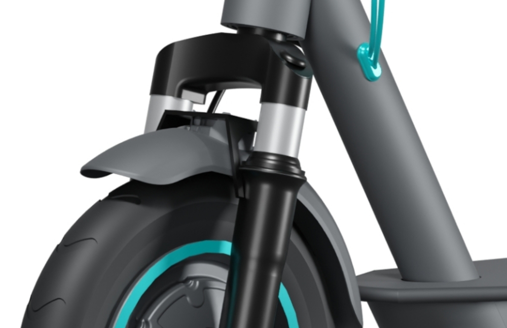 Hulajnoga elektryczna MOTUS Scooty 10 Lite Gen 6 30km 350W Amortyzacja 10 cali Szary zbliżenie na przedni amortyzator przedni amortyzator profesjonalny system zawieszenia skutecznie tłumi wstrząsy wygodne podróżowanie