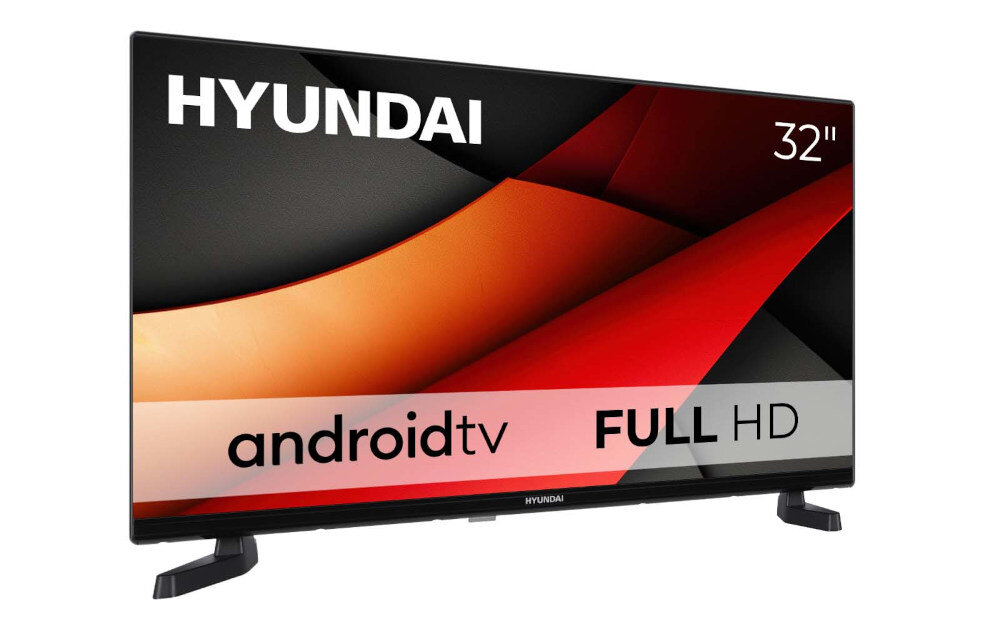 Telewizor HYUNDAI FLA32450 - Lepsze kolory z HDR, telewizor na białym tle po skosie