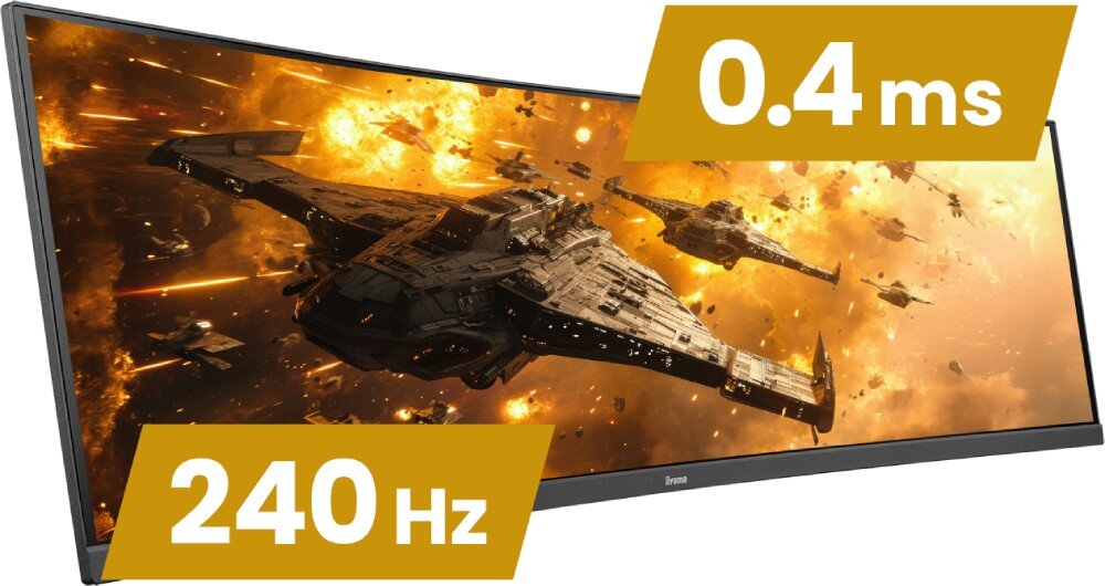 Monitor IIYAMA G-Master GCB3486WQSCP-B1 Monitor wyświetlający dynamiczną scenę kosmicznej bitwy, na grafice oznaczenia parametrów 240 Hz oraz 0.4 ms, odświeżanie, czas reakcji, płynność