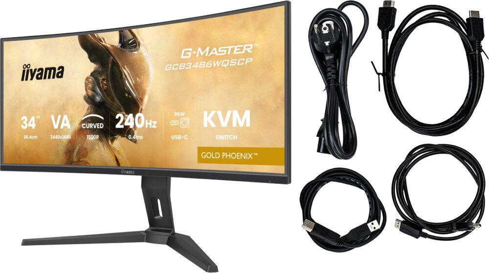 Monitor IIYAMA G-Master GCB3486WQSCP-B1 Monitor zakrzywiony wraz z zestawem przewodów: kabel zasilający, dwa przewody HDMI, kabel USB i przewód DisplayPort, opakowanie