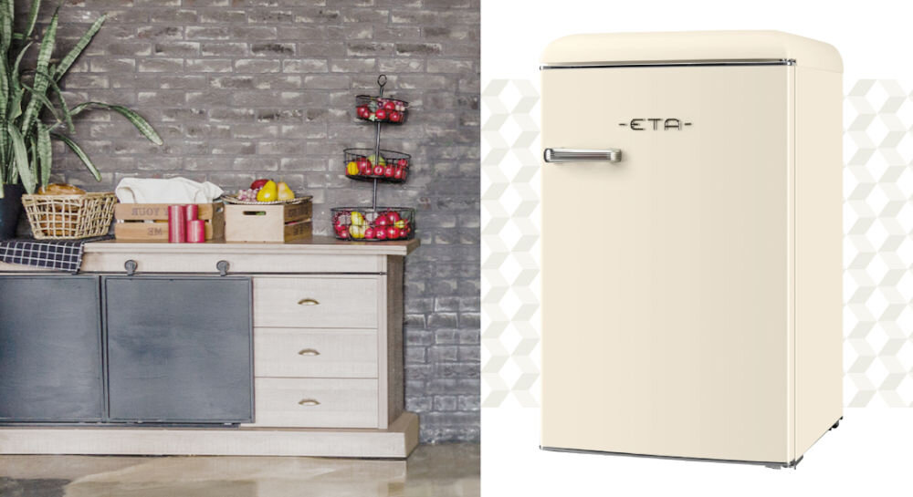 Lodówka ETA Storio 253590040E 90cm Beżowa styl retro funkcjonalne rozwiązania technologiczne kompaktowe wymiary 90 x 55,2 x 61,7 cm elegancka beżowa obudowa klasyczne współczesne wnętrza jednodrzwiowa konstrukcja osobna komora mrożenia całkowita pojemność użytkowa 110 litrów mniejsze kuchnie biura 