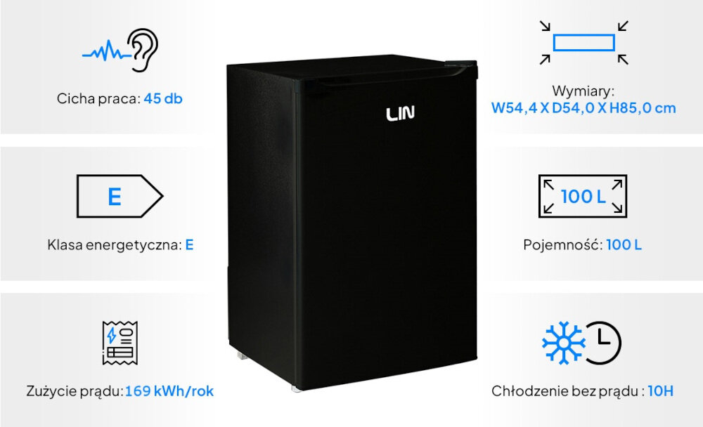 ZAMRAŻARKA LIN LI-BD-100 CZARNA stosunkowo cicha praca poziom głośności 45 dB klasa energetyczna E oszczędność enerrgii roczne zużycie energii 180 kWh oszczędne urządzenie przyjazne dla środowiska