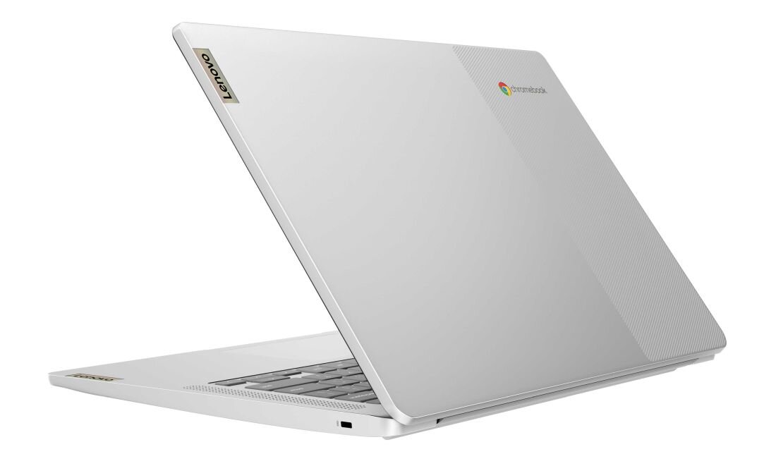 Otwarty laptop LENOVO IdeaPad Slim 3 Chrome z srebrną pokrywą, pokazujący tylny korpus. - systemie operacyjny ChromeOS 