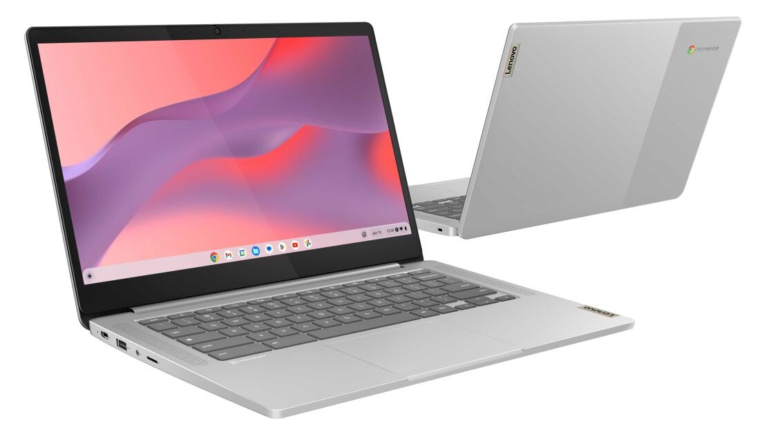 Laptop Lenovo IdeaPad Slim 3 Chrome, przedstawiony w minimalistycznym stylu.  - Opis serii IdeaPad Slim 3 Chrome 