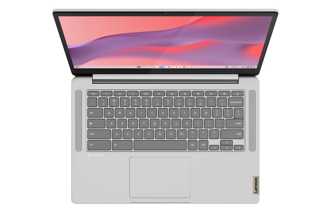Laptop LENOVO IdeaPad Slim 3 Chrome z klawiaturą i ekranem na białym tle.  - Szybka i stabilna łączność Wi-Fi 6 Bluetooth 5.3