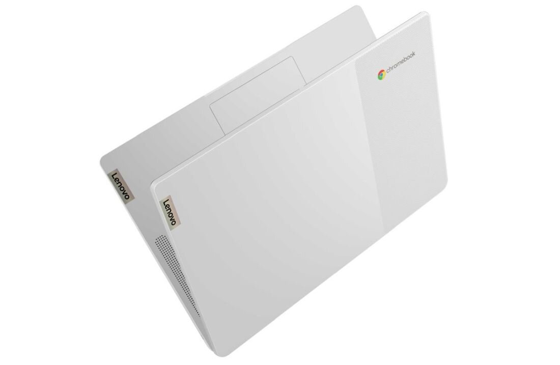 Laptop IdeaPad Slim 3 Chromebook w srebrnej obudowie, prezentowany na jasnym tle. - funkcje bezpieczeństwa Google Security Chip H1