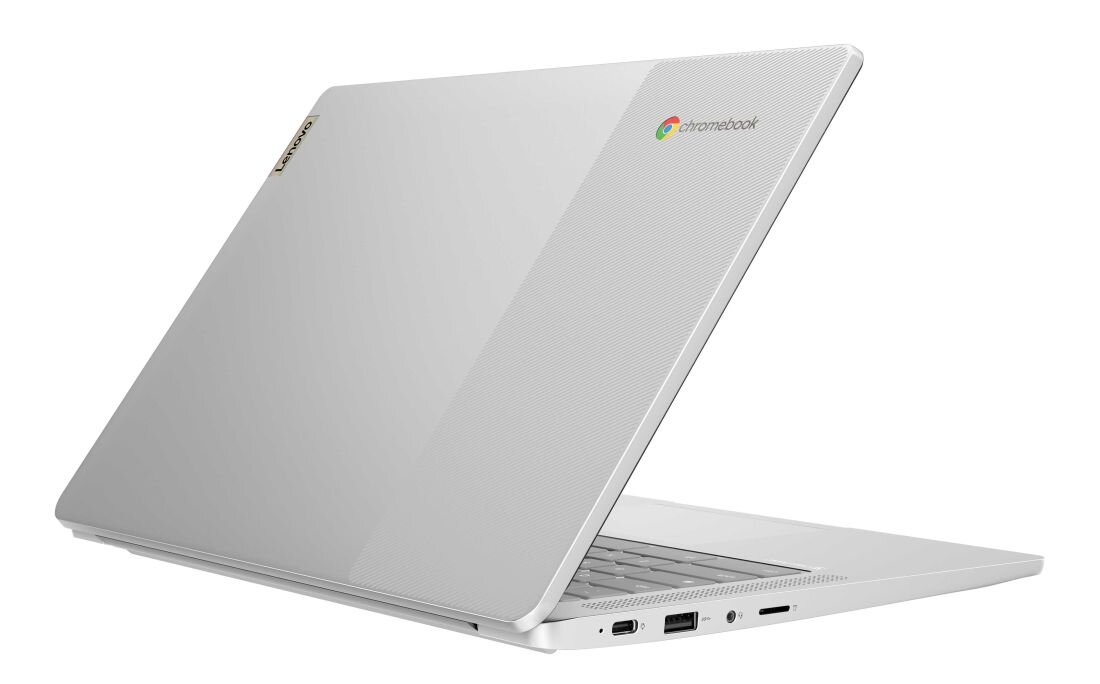 Laptop LENOVO IdeaPad Slim 3 Chrome z otwartą klapą i logo Chrome. - Zrównoważony rozwój ENERGY STAR 8.0, EPEAT Gold 