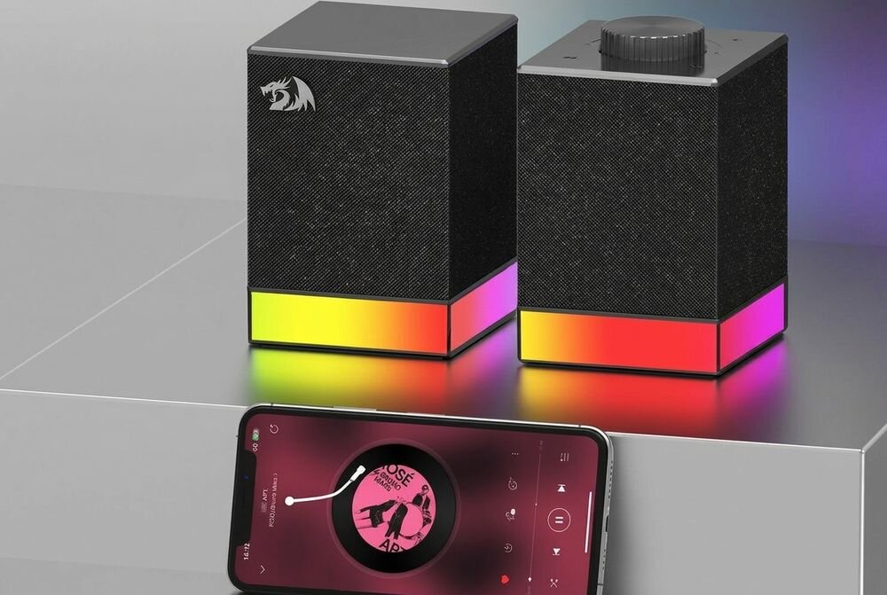 Głośniki REDRAGON Glyph GS517 Bluetooth zasięg 10 metrów bezprzewodowe połączenie urządzenia, głośniki stojące na postumencie, smartfon oparty o postument