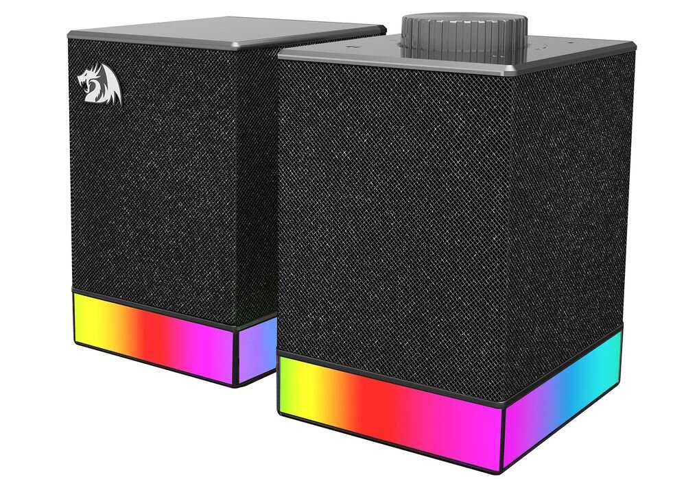 Głośniki REDRAGON Glyph GS517 kompaktowe wymiary 85x92x132 mm obudowa ABS stabilność, głośniki po skosie na białym tle