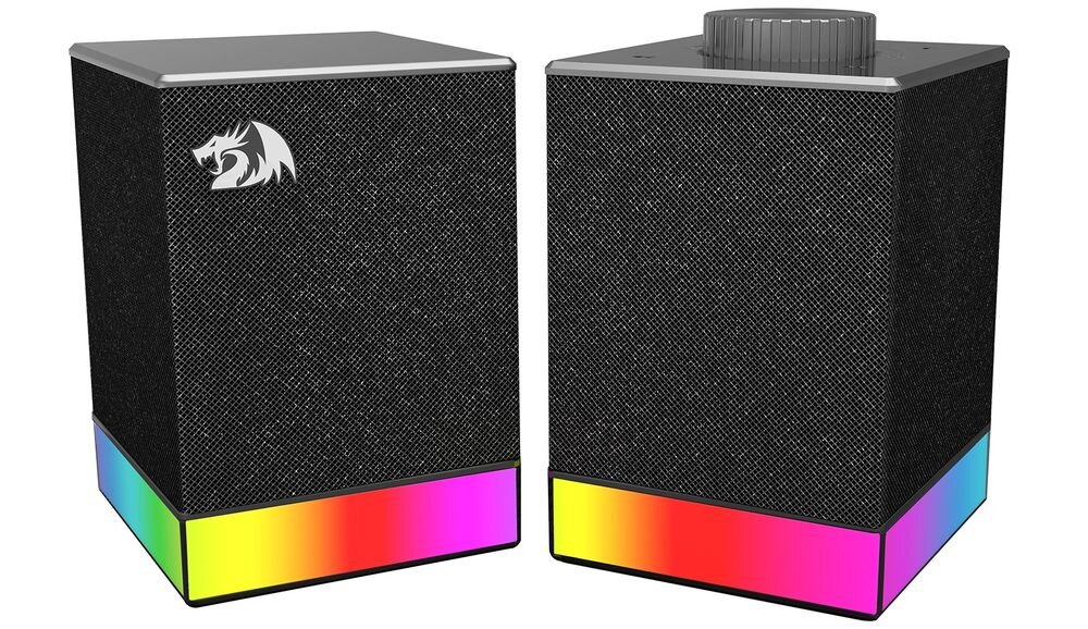 Głośniki REDRAGON Glyph GS517 zastosowanie biurko gaming filmy muzyka uniwersalne 2.0, głośniki po skosie na białym tle