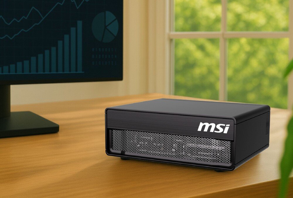 Komputer MSI EDGEXPERT-32SEU-BGB104TG5 Małe czarne urządzenie komputerowe z logo MSI stoi na drewnianym biurku obok monitora z wykresami, za oknem widać zielone drzewa, przeznaczenie, obudowa, wielkość