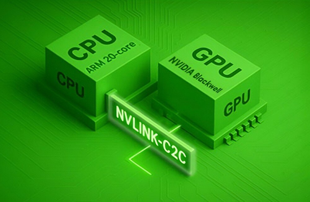 Komputer MSI EDGEXPERT-32SEU-BGB104TG5 Zielona grafika przedstawiająca dwa bloki opisane jako CPU i GPU połączone elementem z napisem 'NVLINK-C2C', technologia, dostęp do danych, dysk