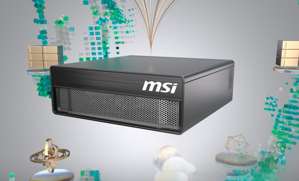 Komputer MSI EDGEXPERT-32SEU-BGB104TG5 Niewielkie czarne urządzenie komputerowe z logo MSI unosi się na szarym tle, wokół znajdują się kolorowe abstrakcyjne elementy przypominające dane i obiekty 3D, system, funkcje, narzędzia