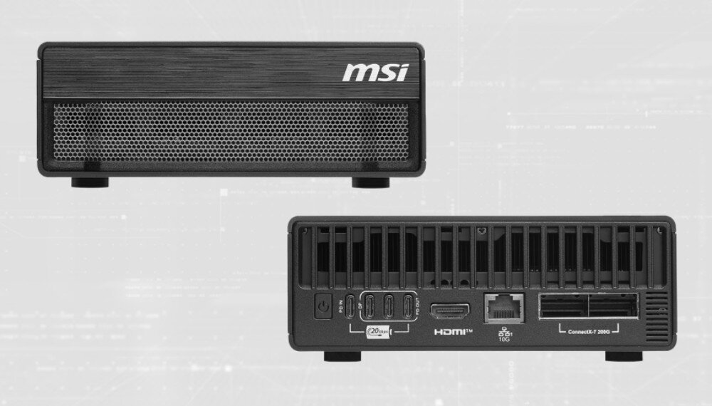 Komputer MSI EDGEXPERT-32SEU-BGB104TG5 Niewielkie czarne urządzenie komputerowe z logo MSI pokazane z przodu oraz z tyłu, gdzie widać otwory wentylacyjne i złącza, w tym USB, HDMI i Ethernet, porty, złącza, łączność