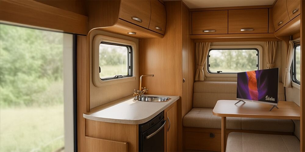 Telewizor SILELIS FHD TV-24 Slim ekran 24 cale Full HD DLED kontrast 1000:1 kąty widzenia 178, telewizor stojący na stoliku w przyczepie kempingowej