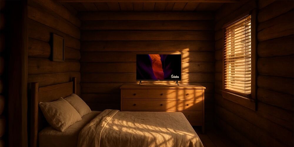 Telewizor SILELIS FHD TV-24 Slim zasilanie 12V 230V dom kamper instalacja pojazdu, telewizor stojący na komodzie w pomieszczeniu