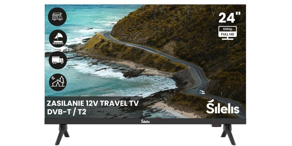 Telewizor SILELIS FHD TV-24 Slim pobór mocy 42 W menu wielojęzyczne prosta obsługa, telewizor od frontu na białym tle