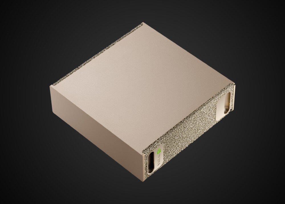 Komputer PNY DGXSPARK-FOUNEDIT-EU Złote prostokątne urządzenie na ciemnym tle widziane z góry, z gładką górną powierzchnią i chropowatymi krawędziami z dwoma wycięciami po bokach, przeznaczenie, zastosowanie, moc obliczeniowa, modele