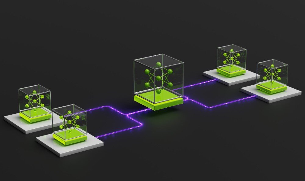 Komputer PNY DGXSPARK-FOUNEDIT-EU Grafika z pięcioma przezroczystymi sześcianami ustawionymi w linii na ciemnym tle, każdy z zielonym schematem w środku, połączonym fioletową linią biegnącą między sześcianami, pamięć, obsługa do 200 miliardów parametrów
