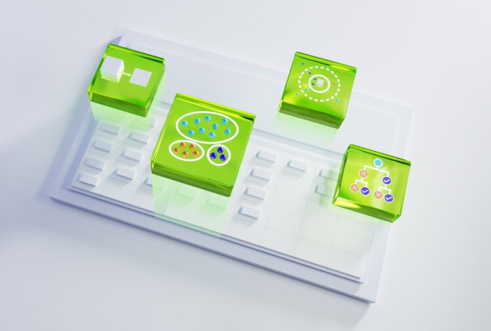 Komputer PNY DGXSPARK-FOUNEDIT-EU Grafika przedstawiająca trójwymiarowe zielone kostki unoszące się nad jasną powierzchnią z prostokątnymi polami, wewnątrz kostek widoczne są symbole wykresów, schematów i grup punktów, karta sieciowa, łączenie komputerów, Wi-Fi