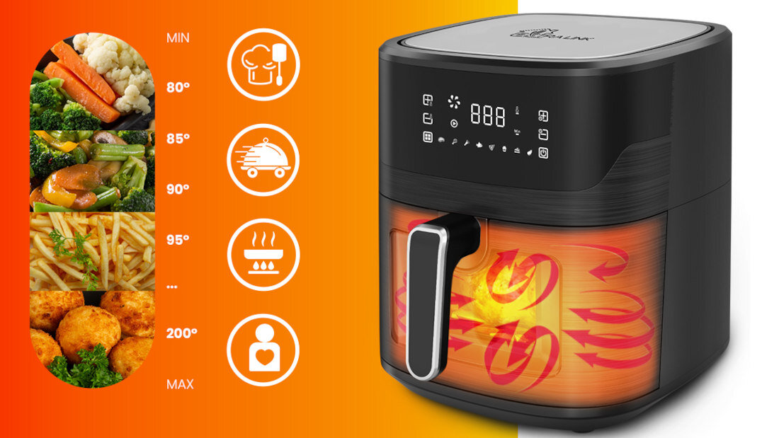 Air Fryer Frytkownica beztłuszczowa EXTRALINK SJ-650B Intuicyjna obsługa Panel dotykowy LED Przejrzyste menu kontrola proces gotowanie przezroczyste okienko 