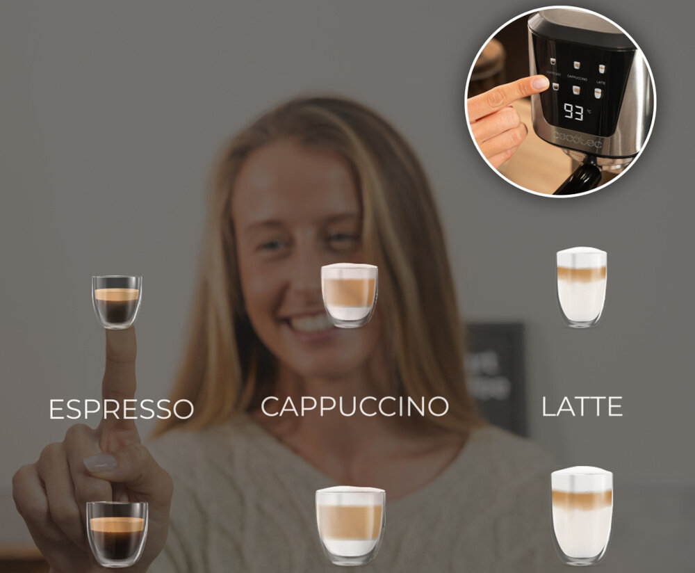 Ekspres CECOTEC Power Espresso 20 Cream Srebrny Intuicyjna obsługa dotykiem Kolorowy ekran dotykowy Jednym dotknięciem espresso, cappuccino lub latte Czytelne ikony