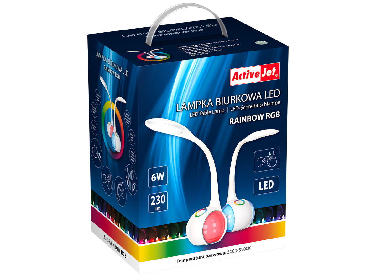 Lampka biurkowa ACTIVEJET AJE-RAINBOW, dopasowanie, indywidualne, barwa, temperatura, na białym tle opakowanie lampki