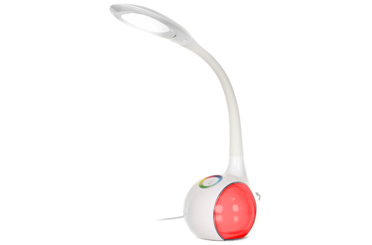 Lampka biurkowa ACTIVEJET AJE-RAINBOW, cecha, baza, rgb, funkcja, na białym tle lampka frontem prawo skos