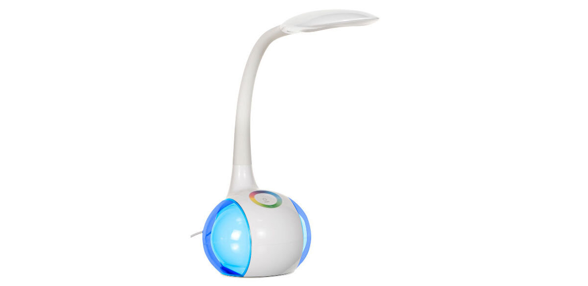 Lampka biurkowa ACTIVEJET AJE-RAINBOW, żywotność, żarówki, LED, IP20, na białym tle lampka frontem lewo skos