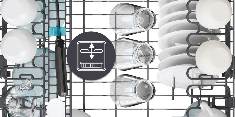 ZMYWARKA CANDY RAPIDO CF 6B4S1PA zdjęcie lifestyle ikona grafika naczynia szklanki szkło szuflada Easy Click Regulacja górnego kosza szybko wygodnie regulacja wysokości Intuicyjne przyciski