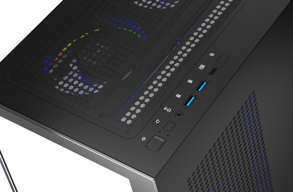 Obudowa MODECOM Volcano Stellar ARGB 8F Midi Zbliżenie na panel górny obudowy; widoczne przyciski zasilania, resetu, zmiany podświetlenia, złącza USB typu A i C oraz perforowany filtr wentylacyjny, porty, panel złącz