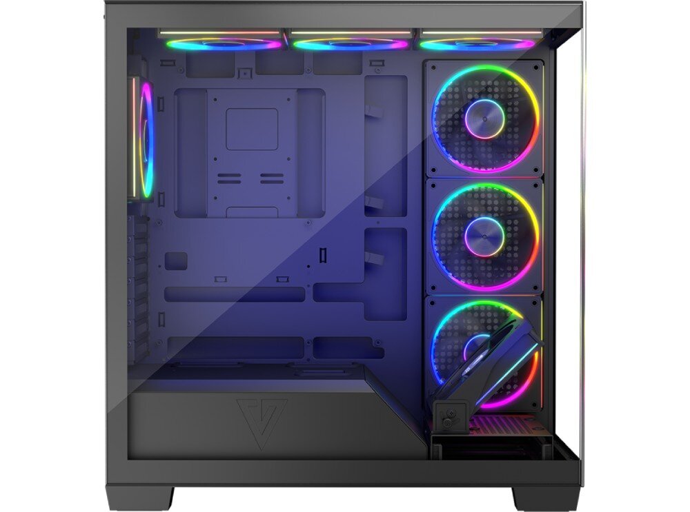 Obudowa MODECOM Volcano Stellar ARGB 8F Midi Widok z boku na wnętrze obudowy komputerowej z trzema wentylatorami RGB z przodu, trzema wentylatorami RGB na górze oraz jednym z boku; brak zamontowanych komponentów, długość karty graficznej, miejsce, pojemność