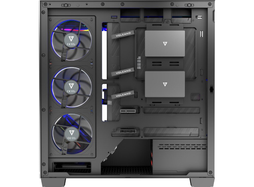 Obudowa MODECOM Volcano Stellar ARGB 8F Midi Tylny widok wnętrza obudowy komputerowej; widoczne trzy wentylatory, dwa zamontowane dyski, opaski do porządkowania kabli i przestrzeń na zasilacz, wnęki na dyski