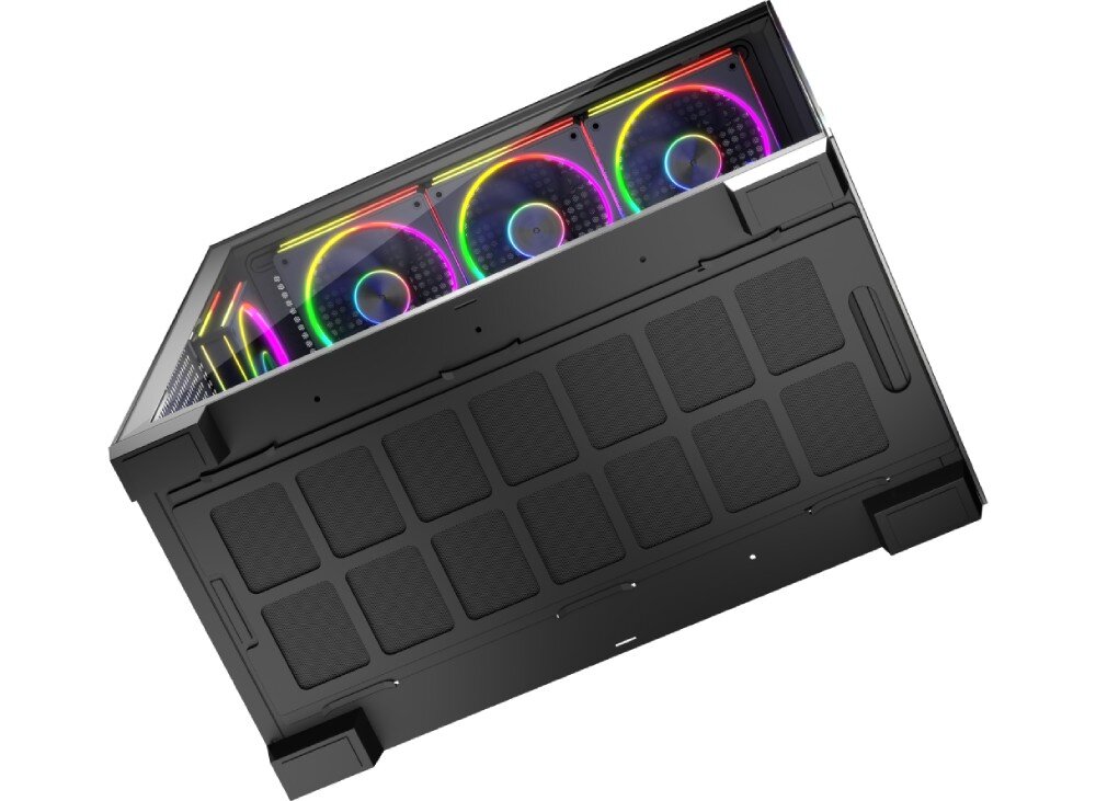 Obudowa MODECOM Volcano Stellar ARGB 8F Midi Widok od spodu na obudowę komputerową; duży prostokątny filtr przeciwkurzowy i trzy podświetlone wentylatory RGB widoczne przez panel z hartowanego szkła, filtry przeciwkurzowe, czystość