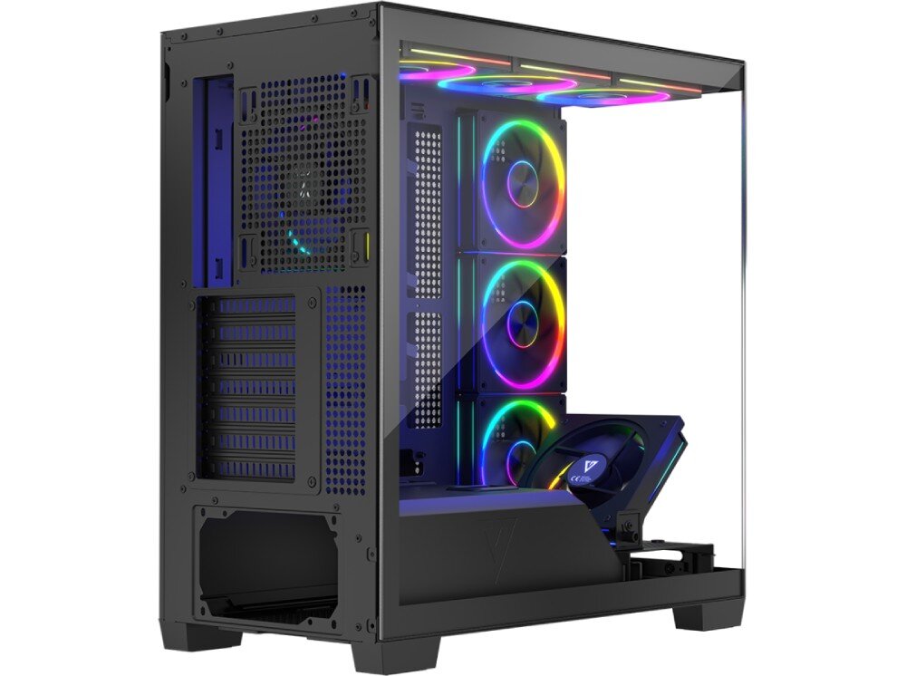 Obudowa MODECOM Volcano Stellar ARGB 8F Midi Skosny widok na tył i bok obudowy komputerowej; widocznych siedem zaślepek PCI, wentylator tylny oraz trzy przednie wentylatory RGB z dodatkowym wentylatorem na ruchomej ramce, pionowy montaż karty, zaślepki PCI
