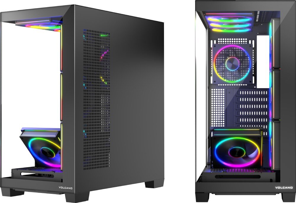 Obudowa MODECOM Volcano Stellar ARGB 8F Midi Dwa ujęcia tej samej obudowy komputerowej – z boku i od przodu; z widocznymi wentylatorami RGB, otwartym wnętrzem i przezroczystymi panelami z hartowanego szkła, cechy, zalety, wygląd