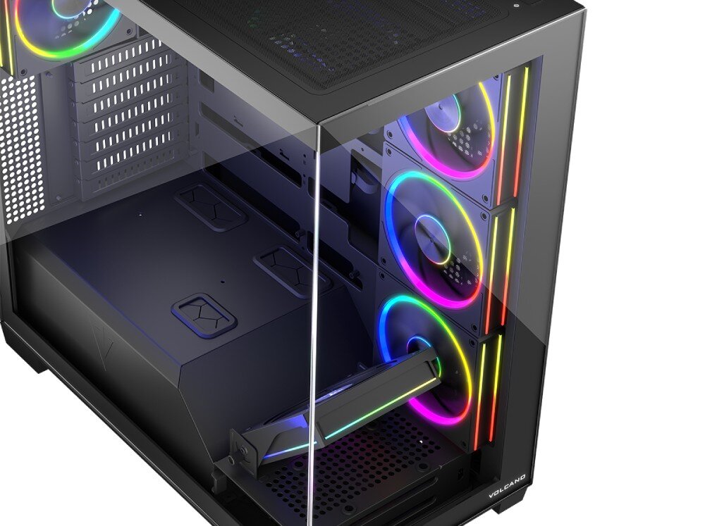 Obudowa MODECOM Volcano Stellar ARGB 8F Midi Widok z góry na wnętrze obudowy komputerowej z trzema wentylatorami RGB z przodu i dodatkowym wentylatorem na ruchomej ramce skierowanej ku karcie graficznej, szklane panele, podświetlenie ARGB
