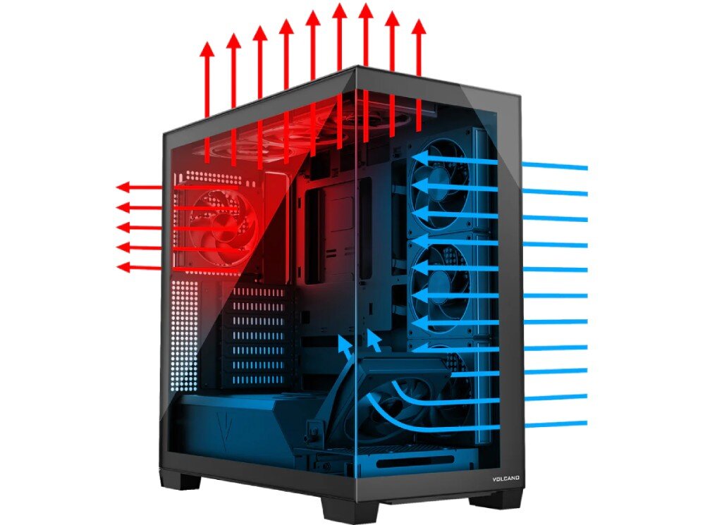 Obudowa MODECOM Volcano Stellar ARGB 8F Midi Schematyczna ilustracja przepływu powietrza przez obudowę; niebieskie strzałki pokazują nawiew chłodnego powietrza, a czerwone strzałki wskazują na kierunek wywiewanego ciepła, wentylacja, wentylatory, przewiewna siatka